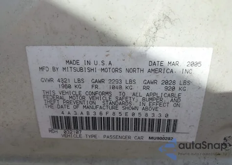 2005 Mitsubishi Galant Es/Se из США, поврежденный, VIN 4A3AB36F85E058330